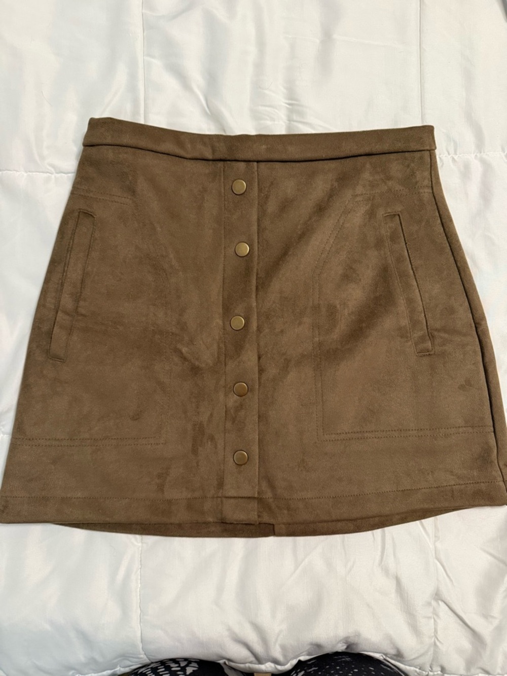 Olive Button-Front Suede Mini Skirt